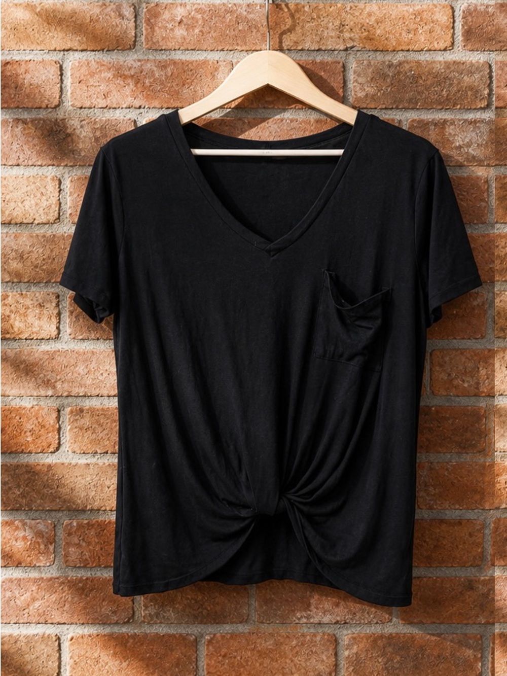Black V-Neck Knot Front Pocket Tee
